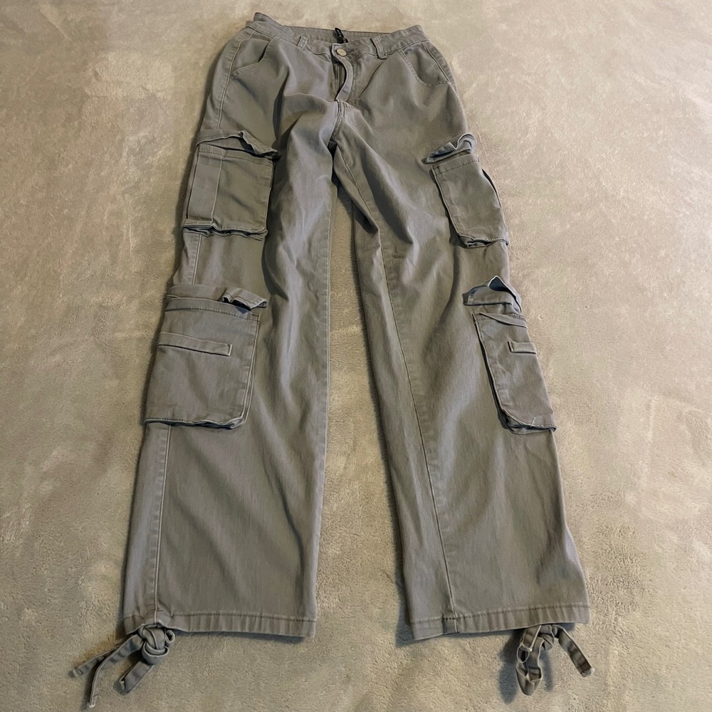 GILIPUR Women Grey Cargo Pants WT423 Wide Leg Multi Pocket Cotton Blend Size S